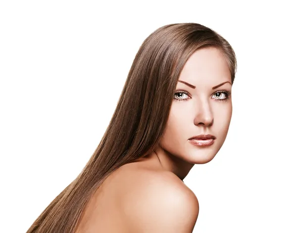 Portret pięknej kobiety z długo zdrowe lśniące włosy proste, na białym tle — Zdjęcie stockowe