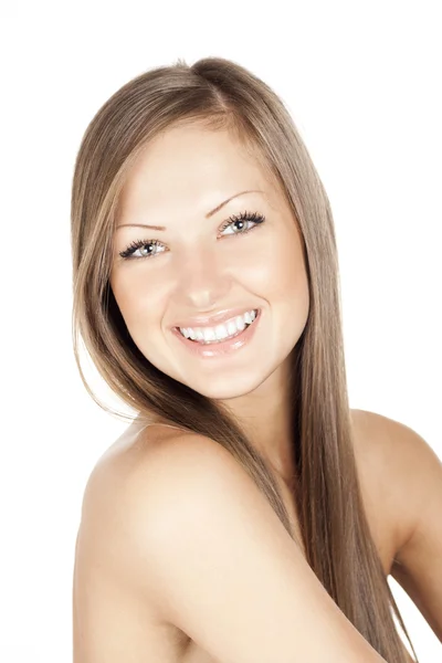 Close-up portrait of a beautiful young woman with elegant long shiny hair, isolated on white background — Stock Photo, Image