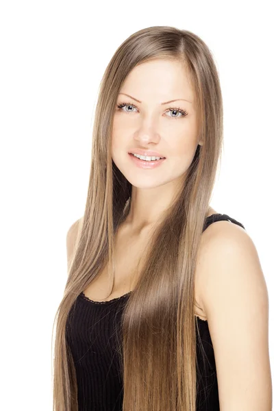 Närbild porträtt av en vacker ung kvinna med eleganta långa glänsande hår, isolerad på vit bakgrund — Stockfoto