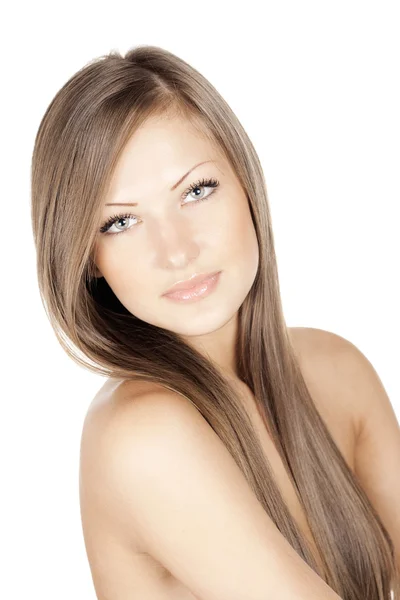 Nahaufnahme Porträt einer schönen jungen Frau mit eleganten langen, glänzenden Haaren, isoliert auf weißem Hintergrund lizenzfreie Stockfotos