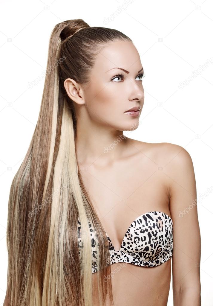 Fashion glamour woman with long straight hair in bra