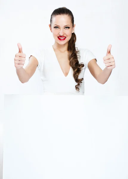 Сute smiling woman gives thumbs up — Stock Photo, Image