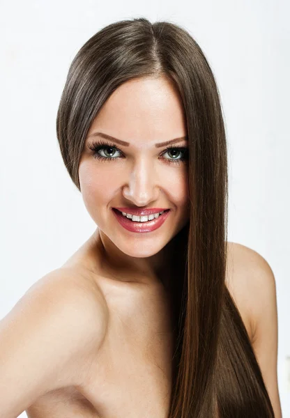 Portrait of beautiful woman with long hair covering her naked body — Stock Photo, Image