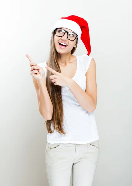 Christmas Santa hat woman portrait - thumb up — Stock Photo, Image