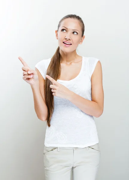 Happy business woman pointing an idea - thumbs up — Stock Photo, Image