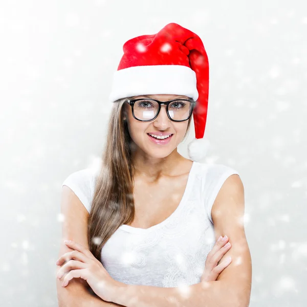 Vánoční santa hat žena portrét — Stock fotografie