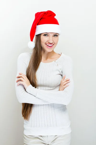 Christmas santa hat kvinna stående - leende glad tjej — Stockfoto