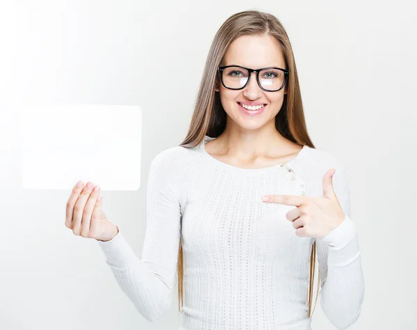 Woman with business card — Stock Photo, Image