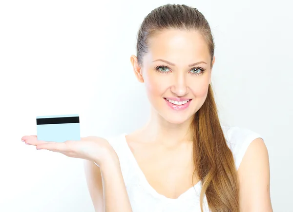 Business woman holding credit card — Stock Photo, Image