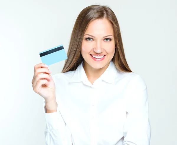 Business woman holding credit card — Stock Photo, Image