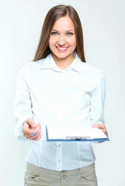 Business woman holding papers — Stock Photo, Image