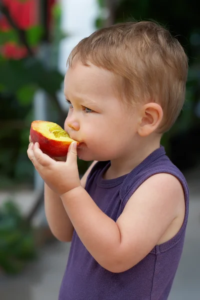 Açık havada taze meyve yiyen sevimli erkek bebek portresi. — Stok fotoğraf