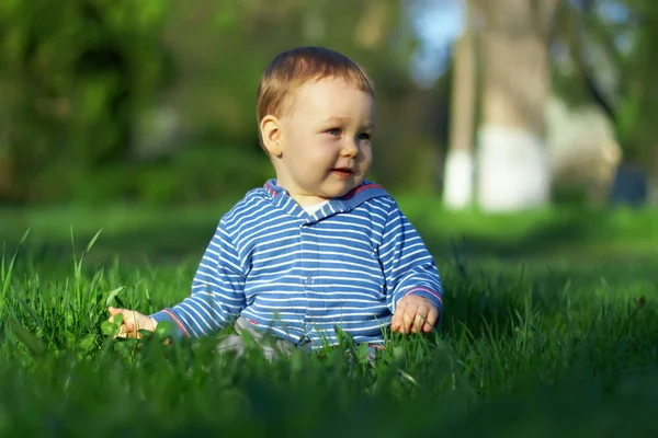 Beautiful baby boy sitting among green grass on spring lawn — Stock Photo, Image