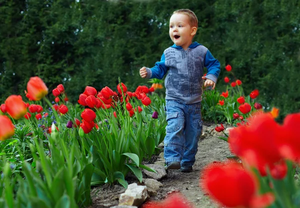 Menino feliz correndo o jardim de flores — Fotografia de Stock