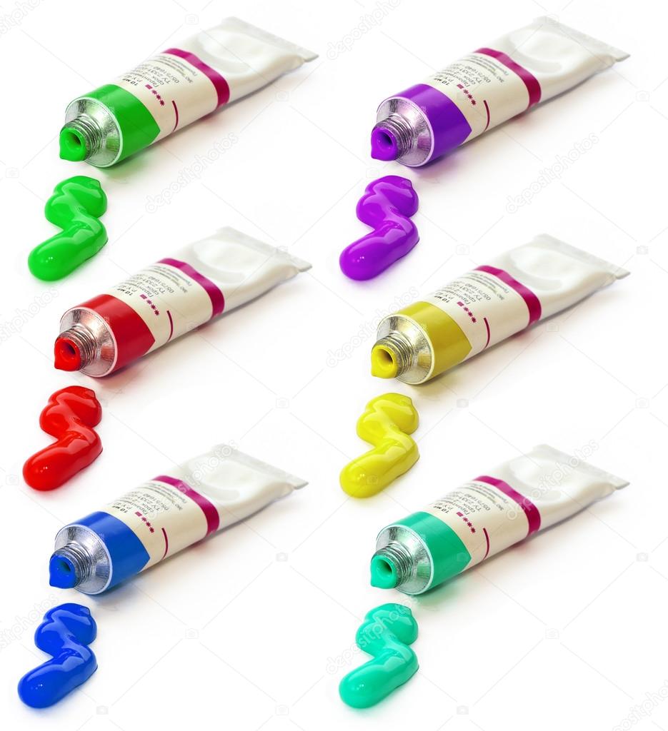 colorful acrylic paints in tubes isolated on white