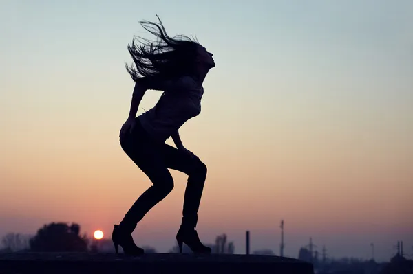 Silhouet van slanke verleidelijke vrouw permanent op dak bij zonsondergang. stedelijke ba — Stockfoto