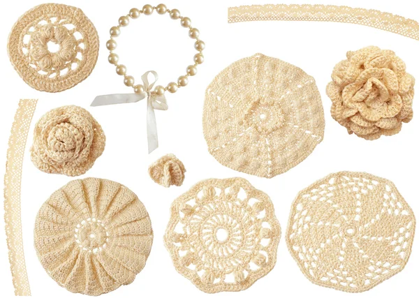 Conjunto de motivos artesanais de crochê isolado no branco — Fotografia de Stock