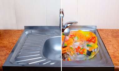 Comparison of clean sink with full of dirty dishware one clipart
