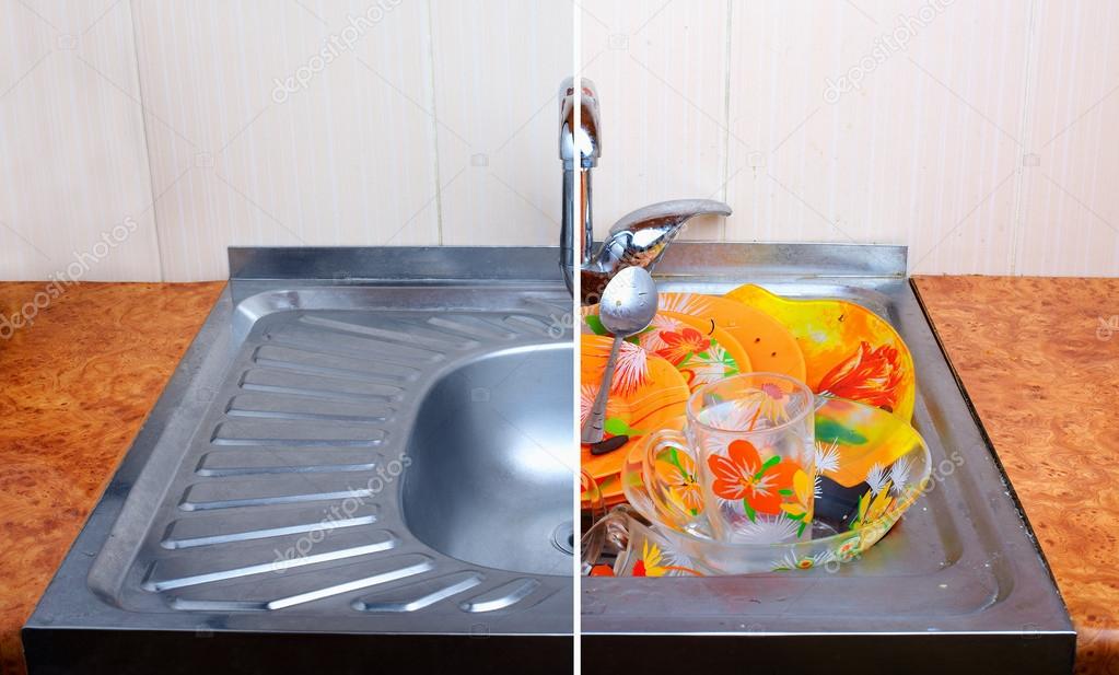 Comparison of clean sink with full of dirty dishware one