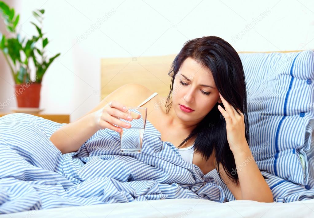 Young woman feel sick in the morning, headache or toxemia of pregnancy