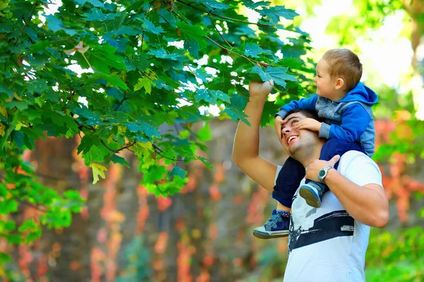 Father and son having fun among colorful nature — 图库照片