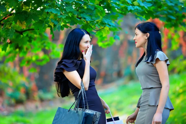 Duas mulheres bonitas falando no parque colorido — Fotografia de Stock