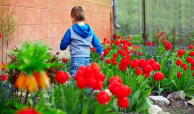 renkli bahar bahçe çalışan küçük bebek