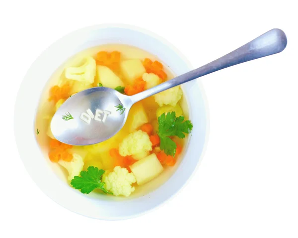 Zuppa vegetariana, cucchiaio con parola dieta, isolato — Foto Stock