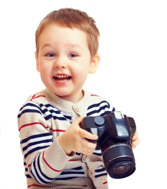 mutlu çocuk fotoğrafçı ile izole dslr kamera