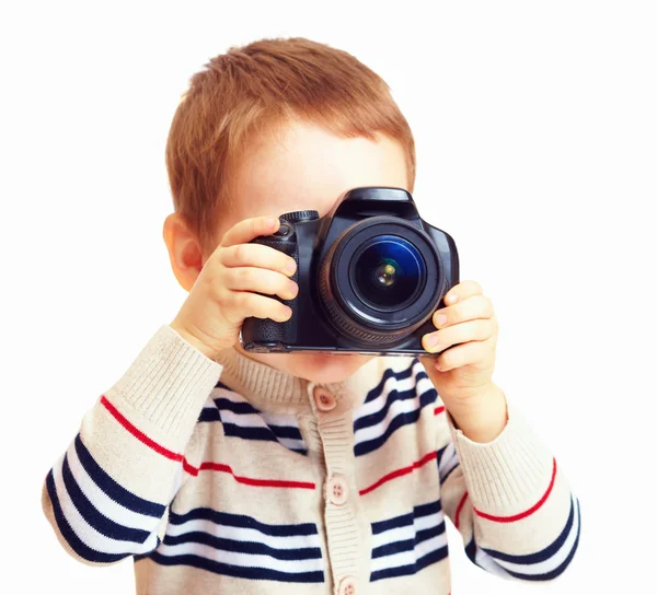 Little photographer kid with DSLR camera, isolated — Stock Photo, Image