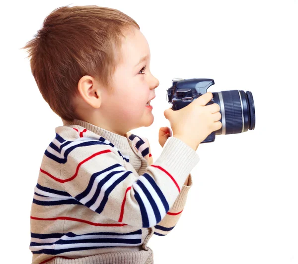 Happy child photographer with DSLR camera, isolated — Stock Photo, Image