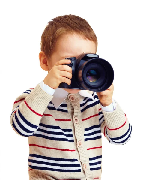 Little photographer kid with DSLR camera, isolated — Stock Photo, Image