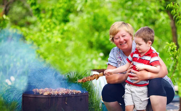 Felice nonna con nipote arrosto di carne su picnic — Foto Stock