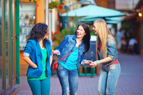 Gelukkig lachen vrienden op avond straat — Stockfoto