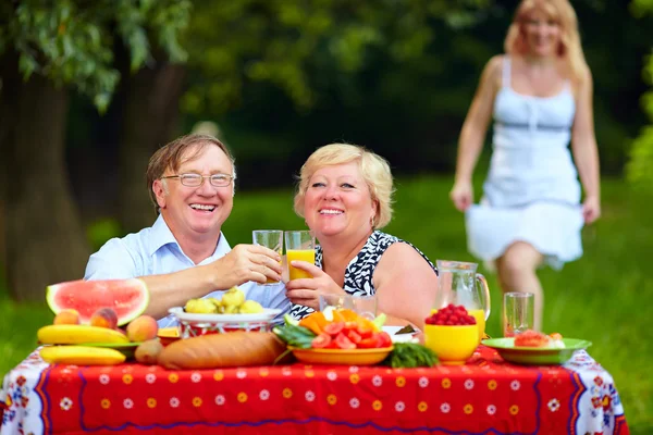 Feliz pareja madura almorzando al aire libre — Foto de Stock