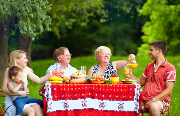 Lycklig familj på picknick, färgglada utomhus — Stockfoto