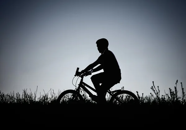 Silhouette di ragazzo adolescente in bicicletta sul campo — Foto Stock