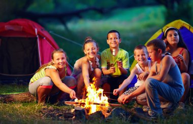 group of happy kids roasting marshmallows on campfire clipart