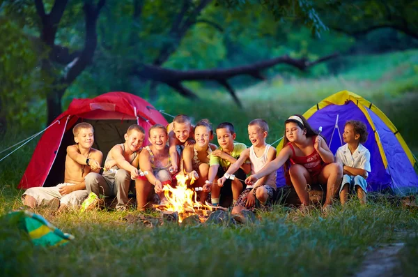Boldog gyerekek, pörkölés marshmallows, a tábortűz csoportja — Stock Fotó