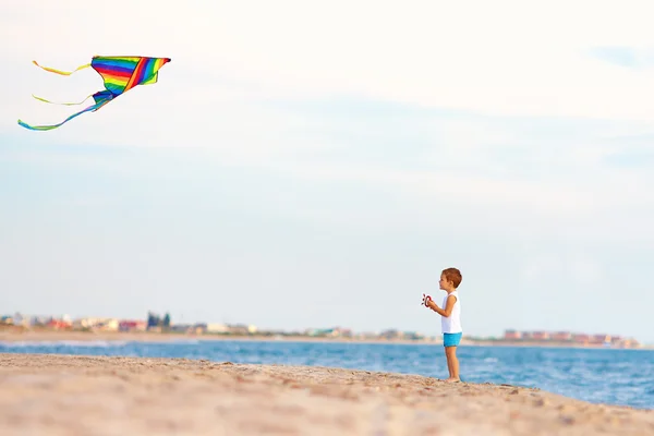 Garoto bonito brincando com pipa perto do litoral — Fotografia de Stock