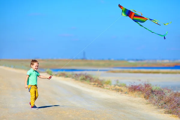 Glücklicher Junge spielt mit Drachen auf Sommerfeld — Stockfoto