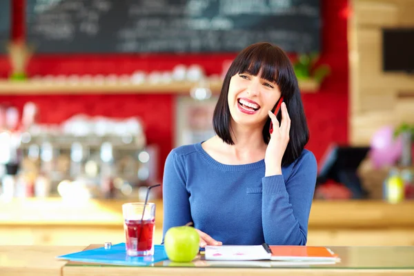 Mooie gelukkig vrouw praten over de mobiele telefoon — Stockfoto