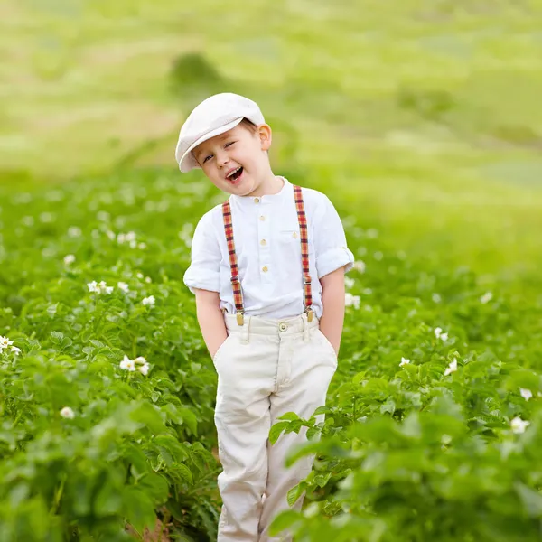 Menino agricultor bonito de pé em fileiras de batatas — Fotografia de Stock