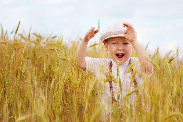 Ragazzo felice in esecuzione sul campo di grano — Foto Stock