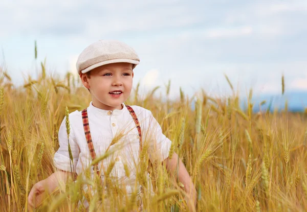 Lycklig pojke walking fältet vete — Stockfoto