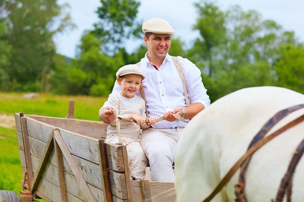 Apa és fia ride egy lovas kocsi — Stock Fotó