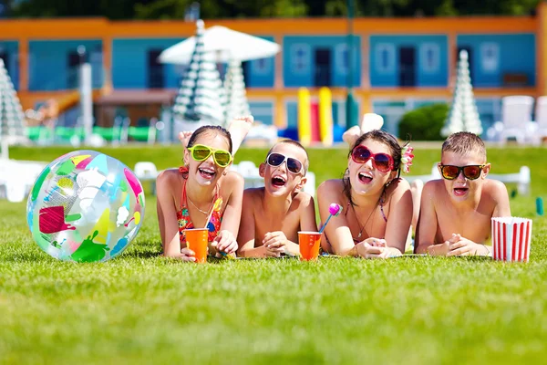Groep van gelukkig jeugdvrienden liggend op zomer gazon — Stockfoto