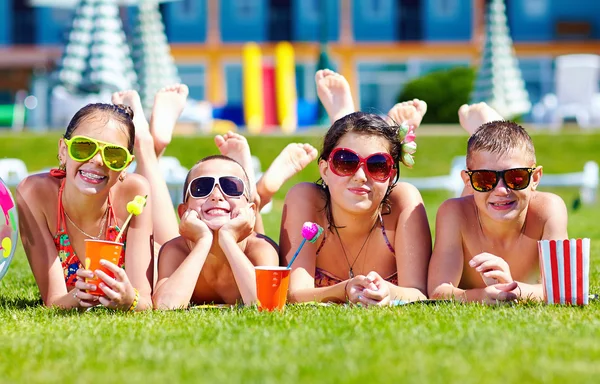 Groep gelukkige vrienden op zomer gazon — Stockfoto