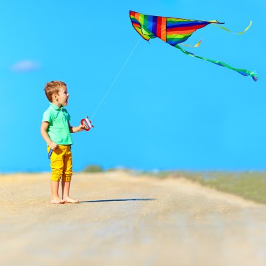 uçurtma ile yaz sahada oynayan mutlu çocuk