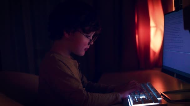 Delikanlı Çocuk Evdeki Karanlık Odada Bilgisayarın Başında Tuşlara Basıyor — Stok video